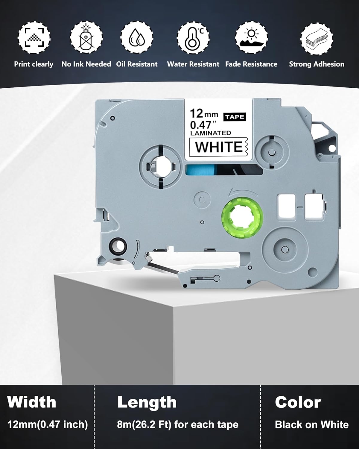 Replacement for Brother Label Maker Tape, P-Touch Label Tape, Tz 231 Tape 12mm 0.47 Laminated Black on White, Compatible with Brother PT-D210 H110 D220 D400 D410 D600, 8-Pack