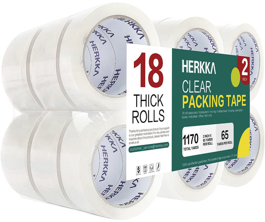 HERKKA Clear Packing Tape, 18 Rolls Heavy Duty Packaging Tape for Shipping Packaging Moving Sealing, Thicker Clear Packing Tape, 2 inches Wide, 65 Yards Per Roll, 1170 Total Yards