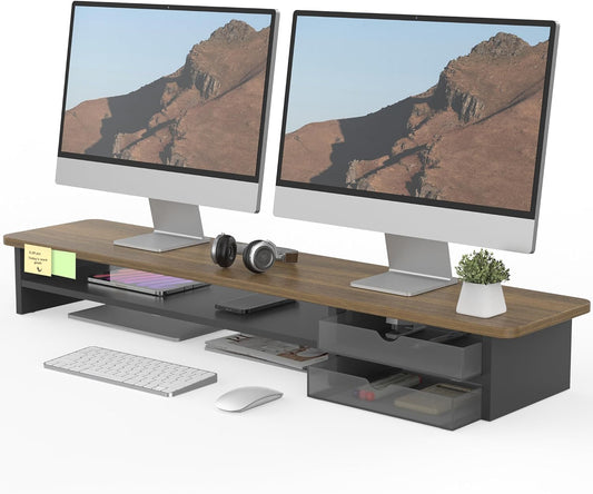 Fenge Monitor Stand, Dual Monitor Riser, 42.5inch Large Desk Computer Monitor Stand Riser with Drawer, 2 Tier Wood & Acrylic Desktop Organizer for Computer, Laptop, Printer, TV Screen Riser