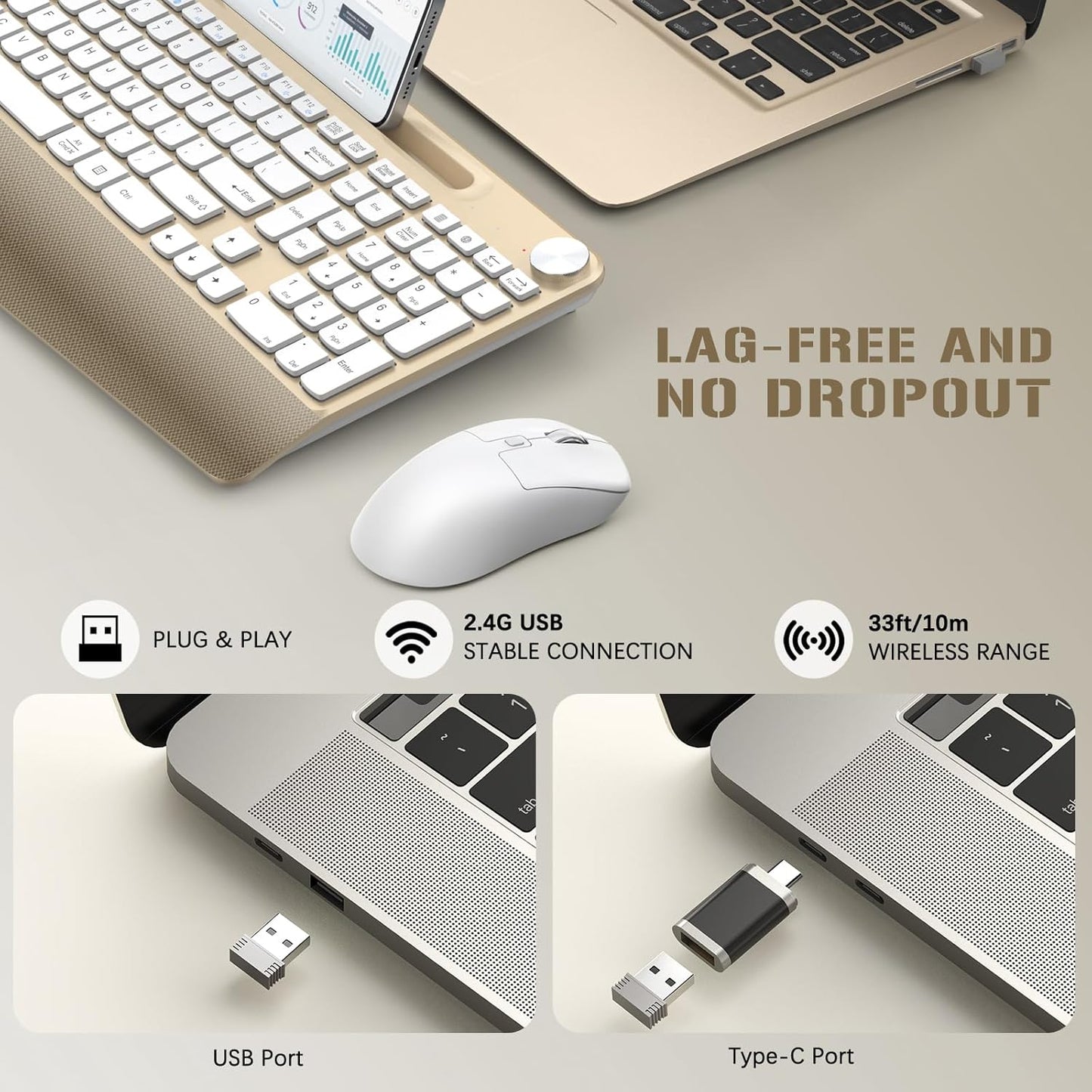 Ergonomic Wireless Keyboard and Mouse with Wrist Rest，Phone Holder - 2.4GHz Full-Sized Low-Profile Quiet Gold Wireless Mouse and Keyboard Combo for Computer, Laptop, PC, Mac-Gold