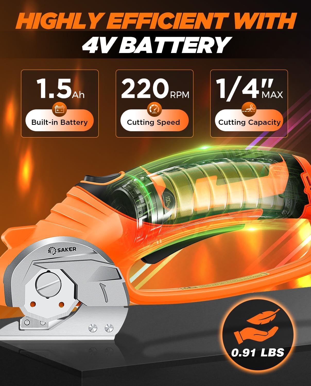 Saker Electric Box Cardboard Cutter,Cordless Elwetric Scissors for Fabric Leather Paper Plastic - Card Board Cutter Tool with 4V Recharged Battery - Safety Lock and LED Light for Cutting,Orange