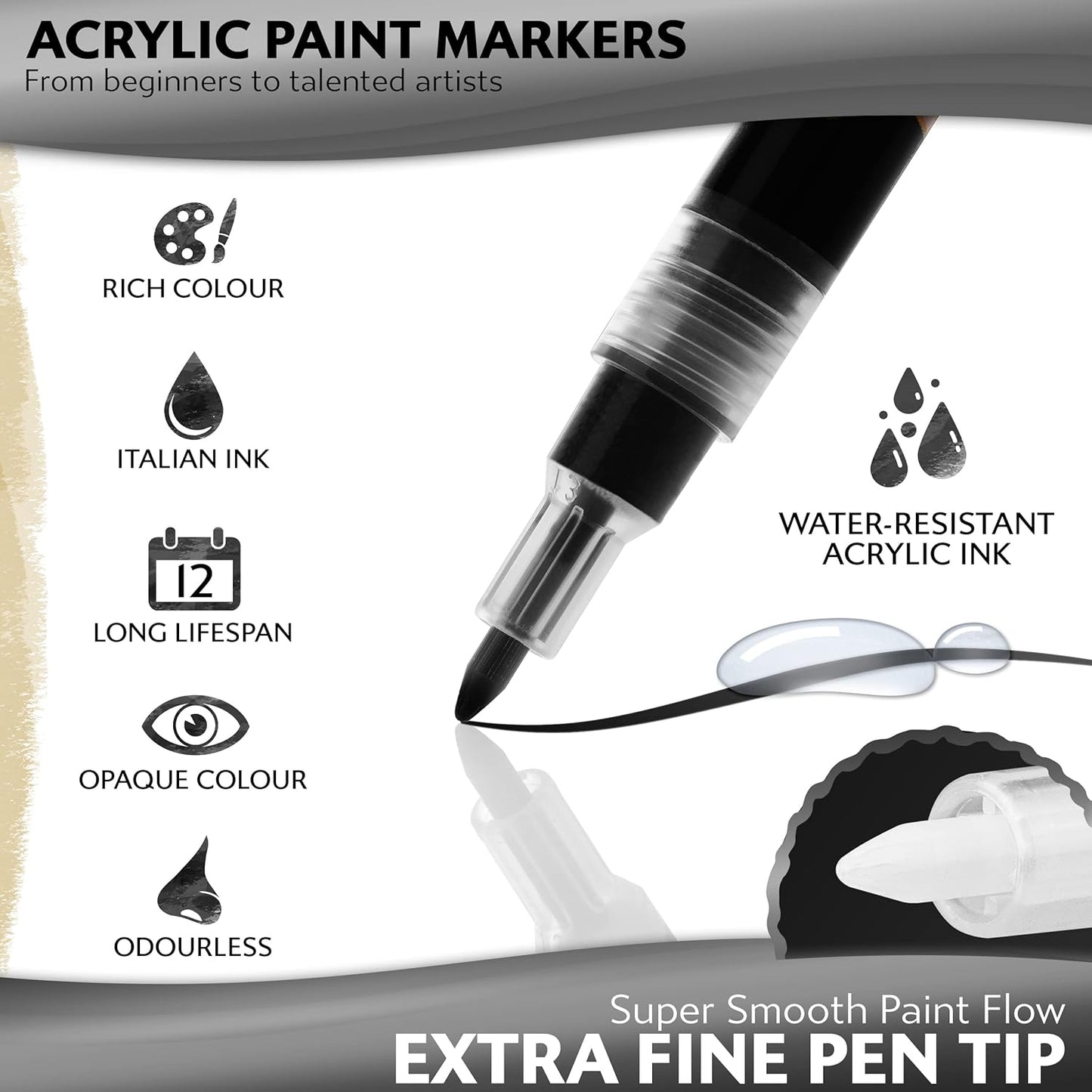Stylo 4 Count Acrylic Metallic Pens - Black, Gold, Silver And White Paint Pens - Fine Tip Permanent Acrylic Metallic Paint Markers for Rock Painting, Glass, Wood, Ideal for Arts and Crafts