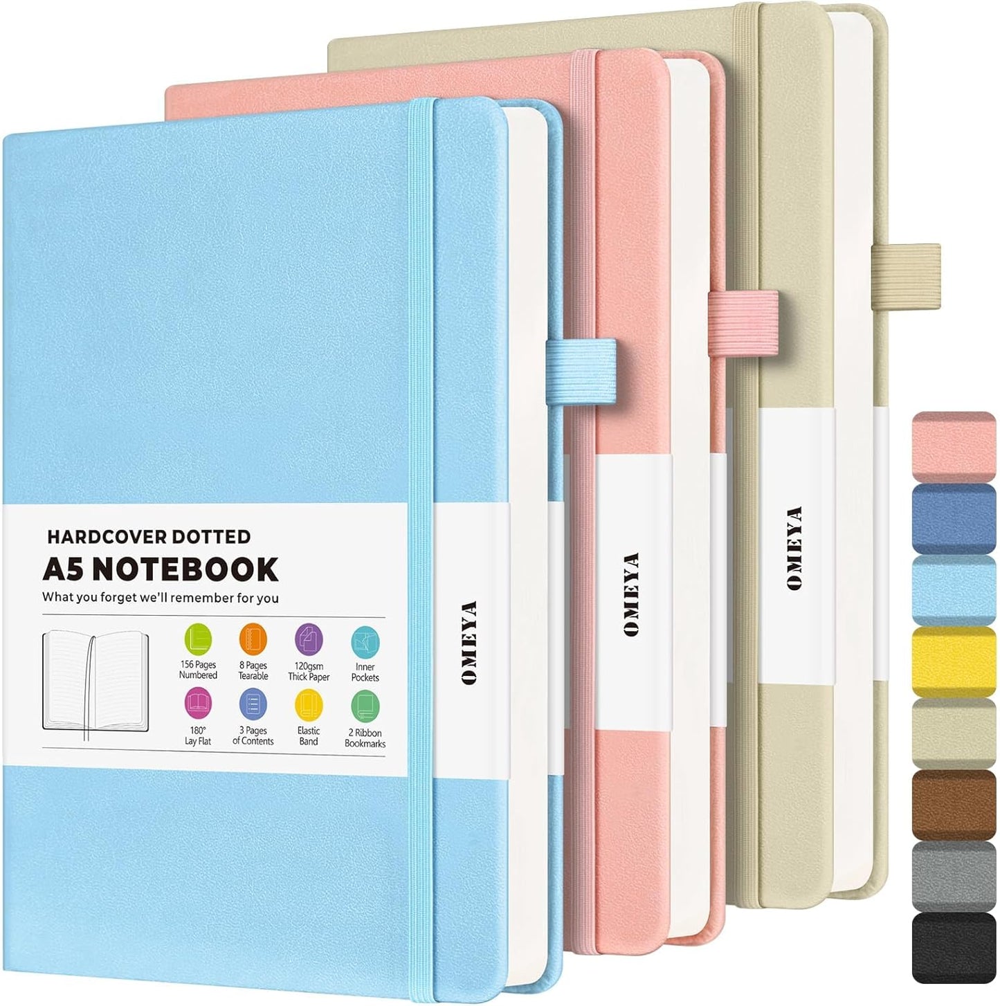 Dotted Journal Notebook 3 Pack, A5 Hardcover Notebook with 120gsm Thick Dotted Paper, Leather Journals for Women, Men, Dot Grid Notebook Journal for Writing, Notebooks for Work, School, 5.75" × 8.38"