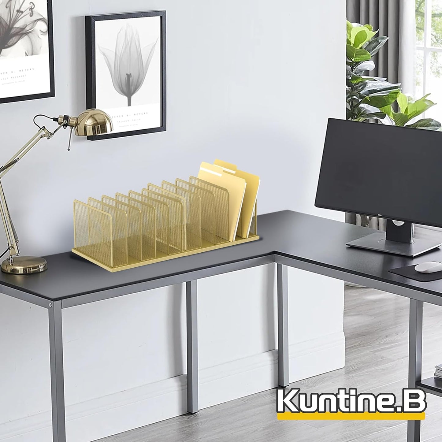 Kuntine.B Desk File Organizer Upright Mesh Desktop Organizer File Sorter Office Organization File Holder for Home, Office & Classroom (Gold, 1 Pack 5-Section)