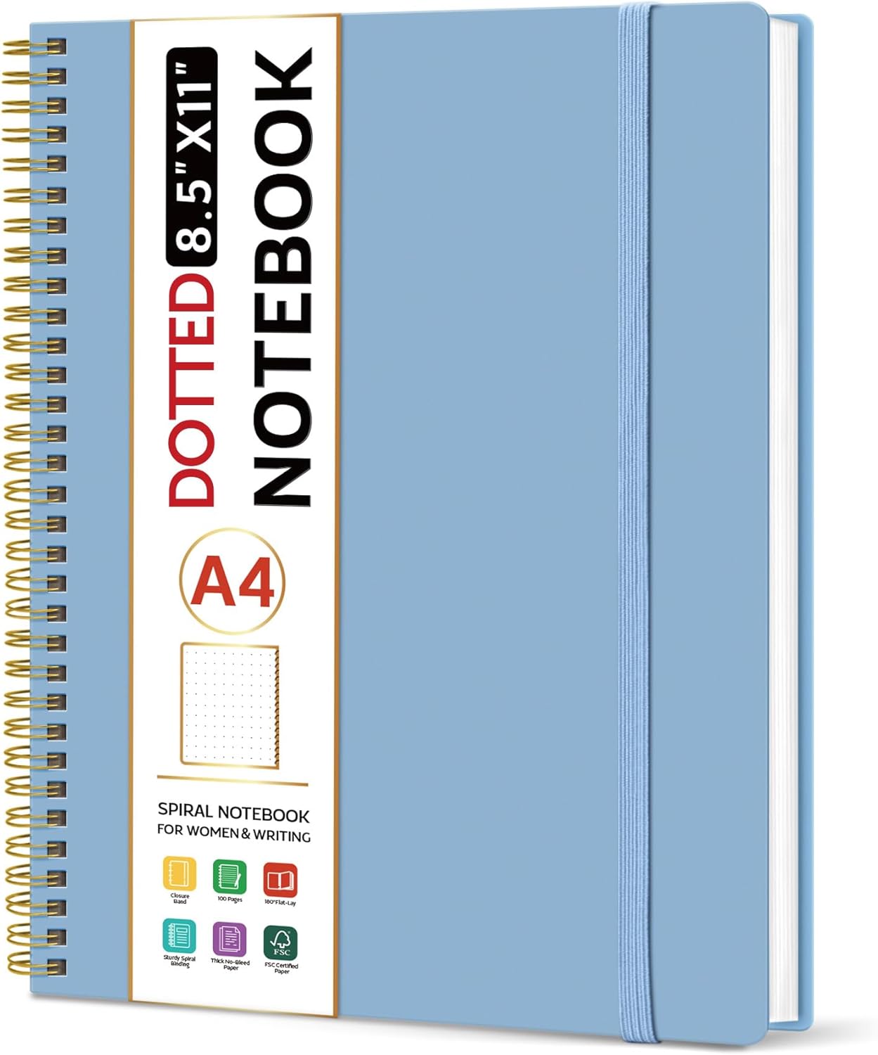 Taja Spiral Dotted Notebook, 8.5"x11" Notebooks for Work, Large A4 Journal for Women & Men, Bullet Dotted Journal, Journaling Notebook for Writing, Plastic Cover Spiral Journal, Blue