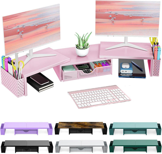 Spacrea Metal Desk Organizers and Accessories, Dual Monitor Stand Riser with Drawer and 2 Pen Holders, Desk Accessories & Workspace Desktop Organizers for Office Supplies (Pink)