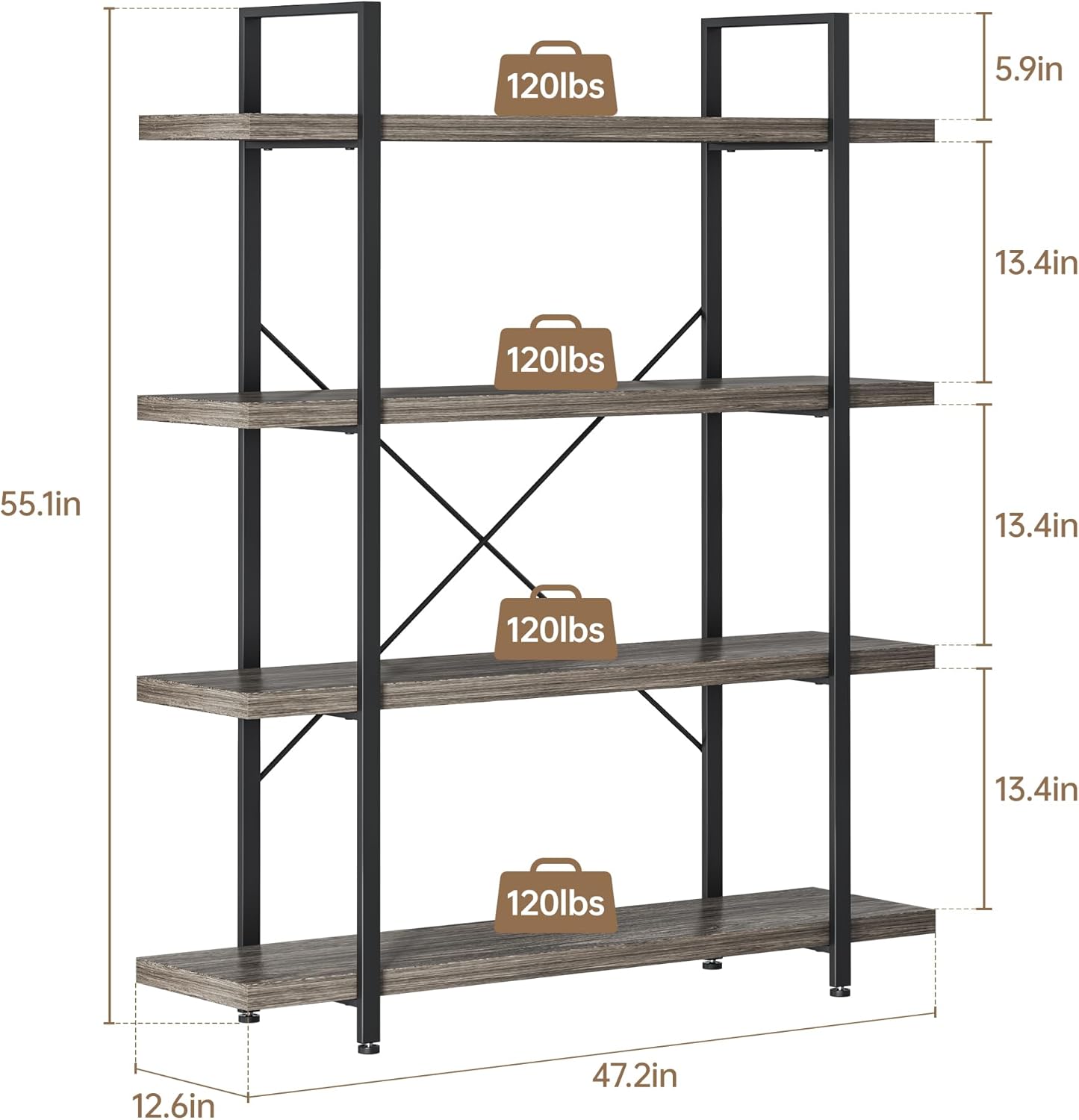 Bookshelf Set of 2, Heavy Duty 4-Tier Industrial Bookcase, 47" Wide Wood Bookshelf for Home Office, 120lbs Shelf Capacity, Rustic Display with Horizontal Shelf for Living Room Bedroom,Grey