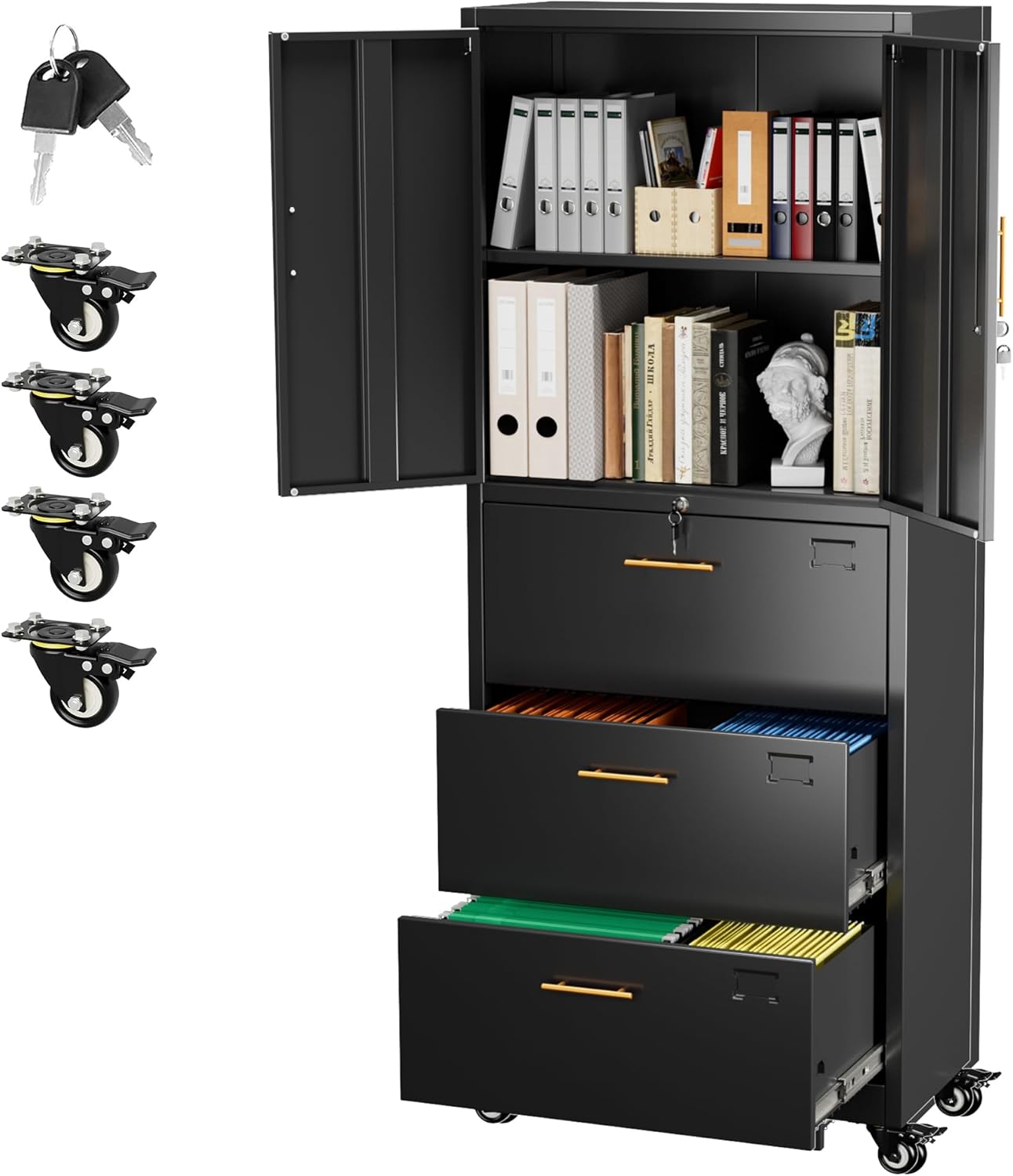 Aobabo Metal 3 Drawers Lateral File Storage Cabinet and Unit Adjustable Shelf Organizer, Steel Files Cabinet with Wheels, 2 Door Storage for Office Legal/Letter A4 Size, Assembly Required, Black