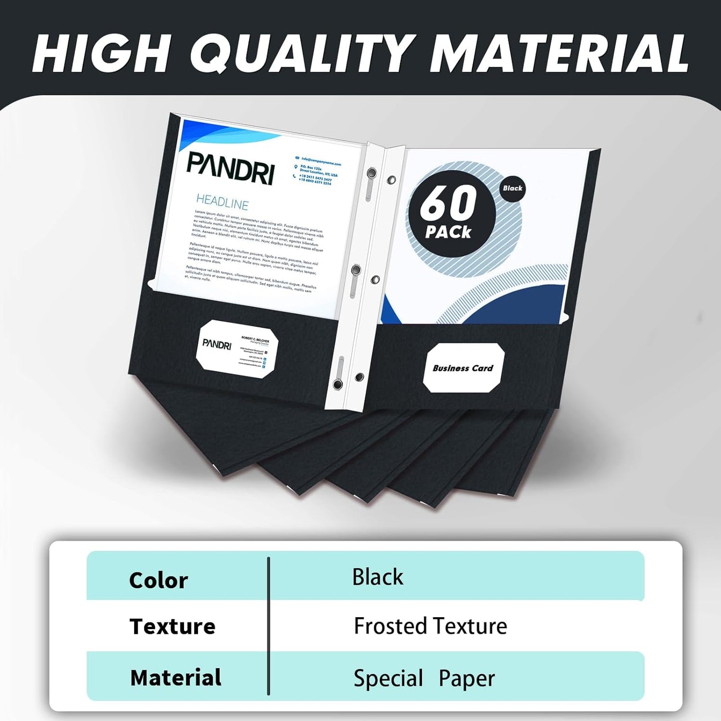 Two Pocket Folders, PANDRI 60 Pack Two Pocket Folders with Prongs, 3 Prong Folders Designed for Office and Classroom, Letter Size Black