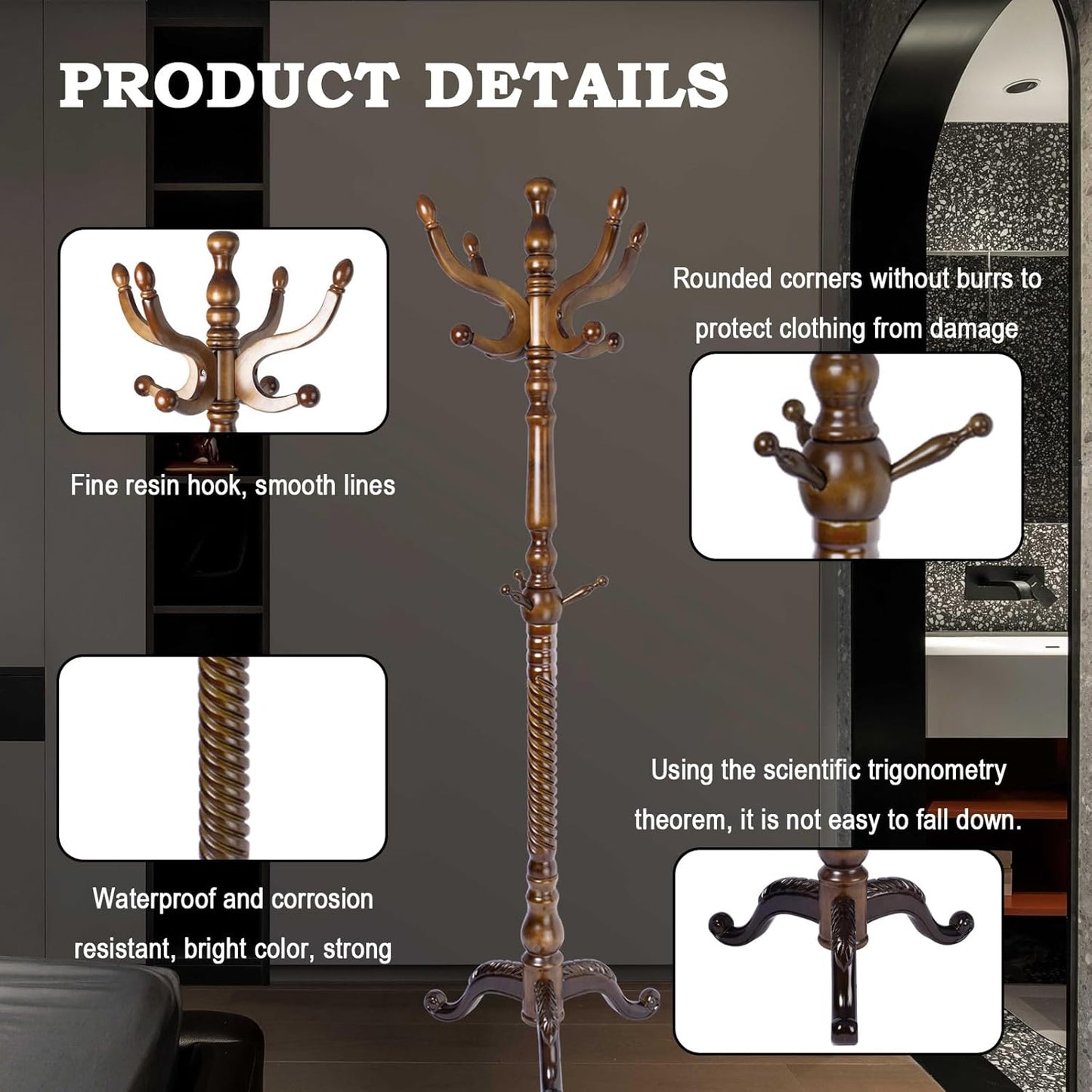 Coat Racks FreeStanding with 11 Hooks, Natural Wood Coat Rack with Tri-Legged Base, Adjustable Height Coat Racks, Easy Assembly for Hallway, Bedroom and Office (Walnut-Tri-Legged Base)