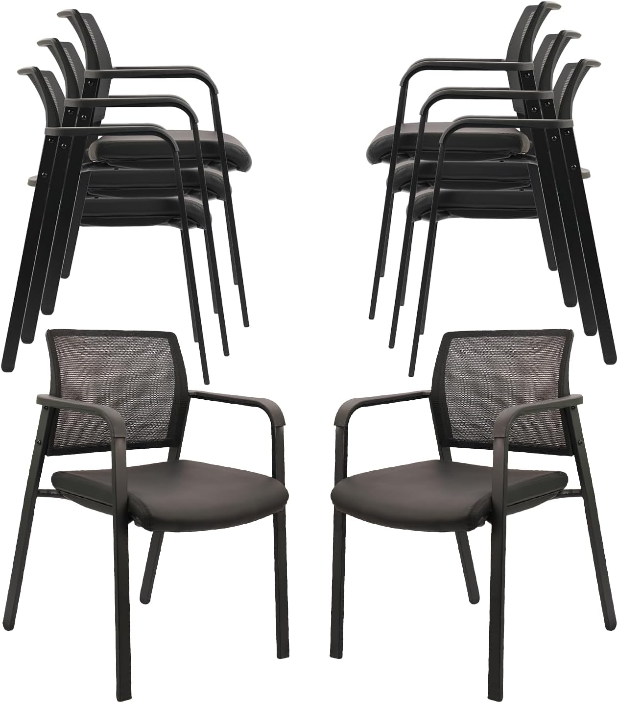 CLATINA Stackable Office Chair, Mesh Back Guest Chairs with Comfortable Leather Seat Arms Stacking Ergonomic Desk Chair No Wheels for Conference Waiting Reception School Stationary, Black, Set of 8