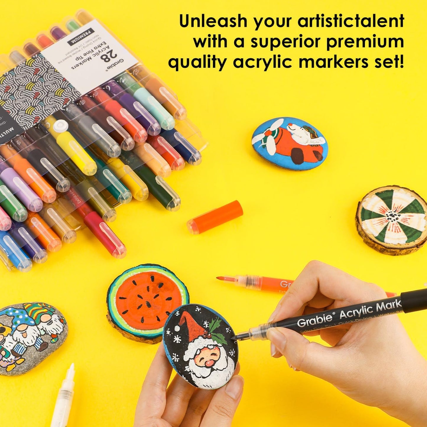 Grabie Acrylic Paint Pens Markers, 28 Colors, 0.7 mm, Extra Fine Tip Drawing Markers, Premium Paint Pens for Painting on Various Surface, Art Supplies