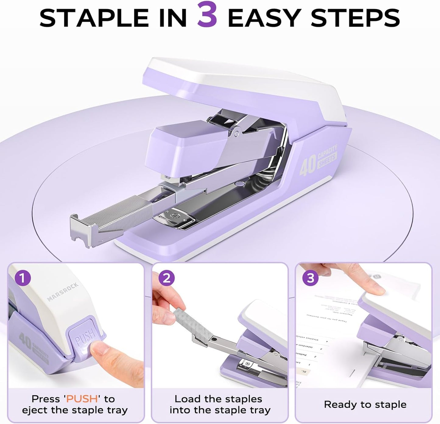 Effortless Stapler for Desk with 40-50 Sheet Capacity, 2000 Staples, 1-Touch Stapling, Ergonomic & Easy to Load Desktop Staplers, Heavy Duty Stapler, and Magnetic Staple Remover, Purple