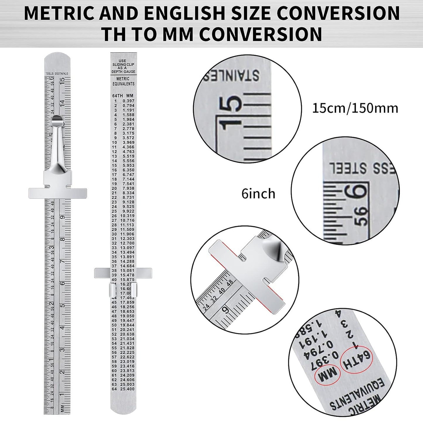 6 Inch 15 cm Pocket Ruler Flexible Precision Stainless Steel Ruler with Detachable Clips Stainless Steel Pocket Clip Scale Gauge Metric British System(3 Pieces)