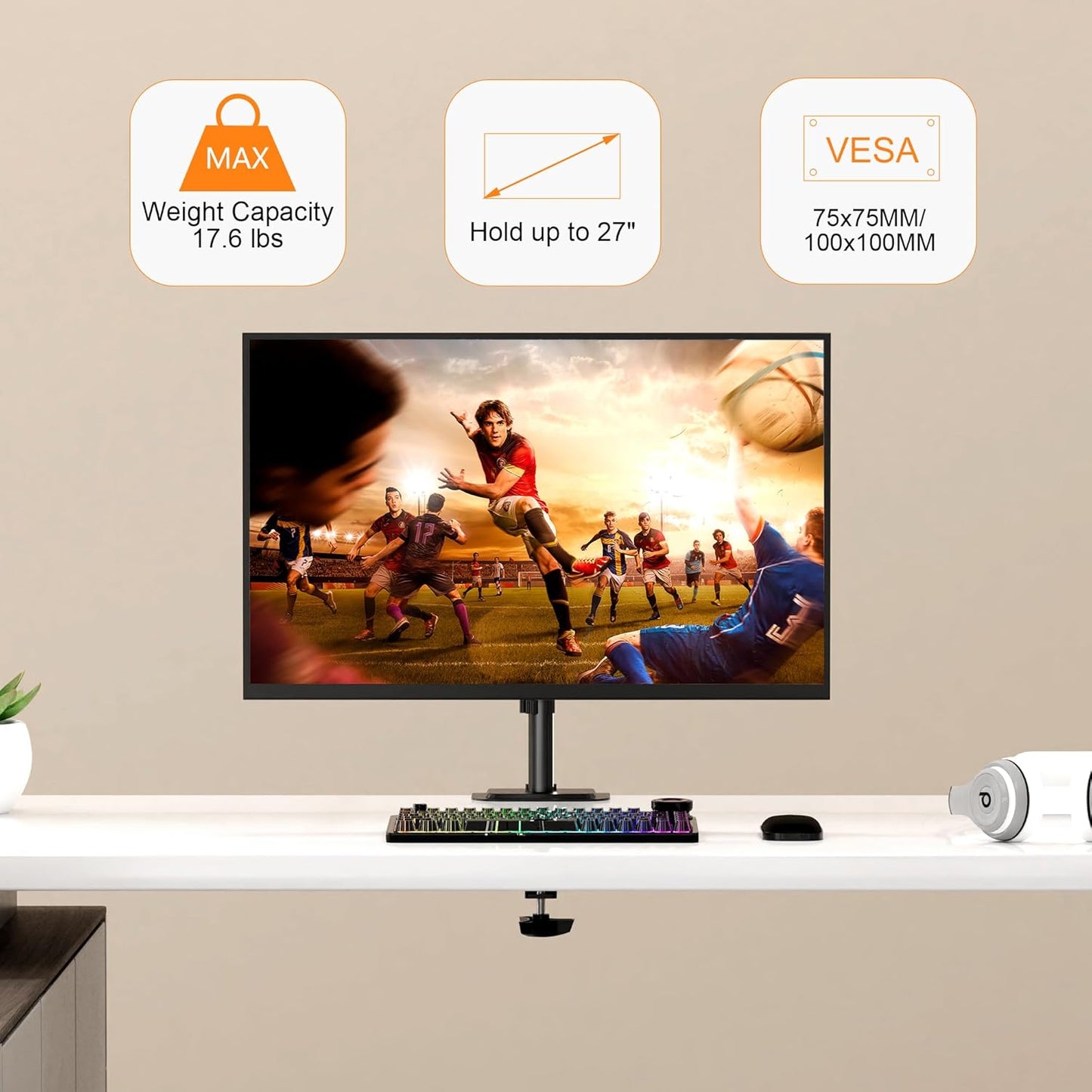 Pholiten Single Monitor Stand, Heavy Duty Adjustable Monitor Arm Desk Mount for 13-27Inch, Tilt, Swivel, Rotate, Support 22 lbs,Black