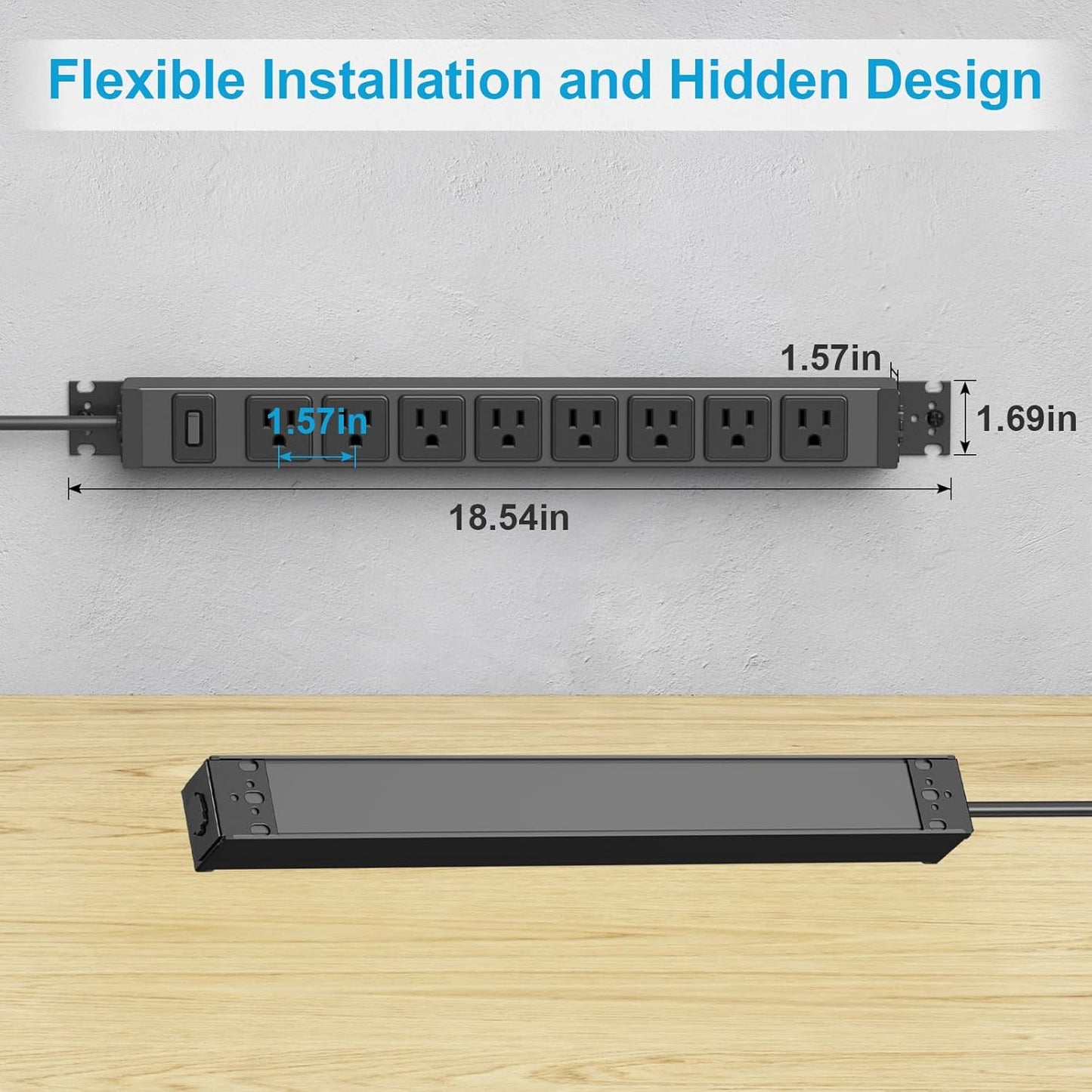 HHSOET Metal 360° Rotating Mountable Power Strip, 8 Outlet Gaming Table Mounted Outlet Strip, Heavy Duty Wall Mount Surge Protector with Switch, 15A 125V 1875W, 6ft Power Cord.(Black)