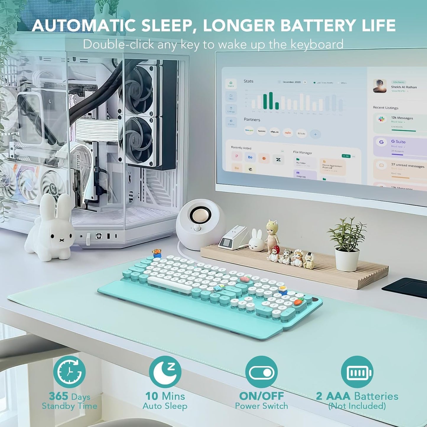 Wireless Keyboard, Round Keycaps, Retro Typewriter Keyboard with Detachable Wrist Rest, Sleep Mode, Foldable Legs, 2.4GHz Full-size Cordless Computer Keyboard for Windows/PC/Laptop (Robin Egg Blue)