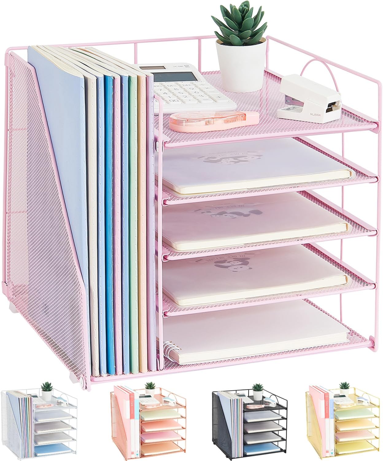 Desk Organizers and Accessories, 5-Tier Paper Letter Tray Organizer with File Holder, Pink Office Decor (Pink)
