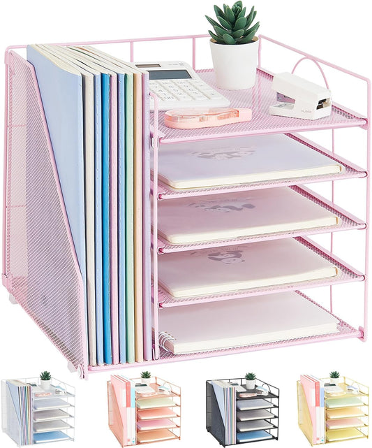 Desk Organizers and Accessories, 5-Tier Paper Letter Tray Organizer with File Holder, Pink Office Decor (Pink)