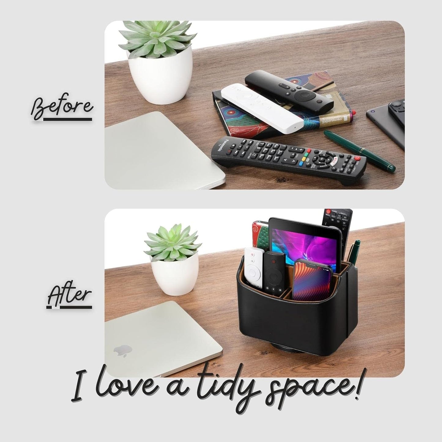 Remote Control Holder, Spinning Desk Organizer, Nightstand Bedside Caddy for TV Remotes/Tablets/Phones/Eyeglasses/Books/Pens - Black