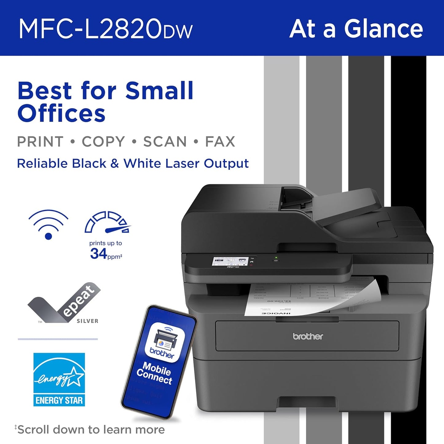 Brother MFC-L2820DW Wireless Compact Monochrome All-in-One Laser Printer with Copy, Scan and Fax, Duplex, Black & White | Includes Refresh Subscription Trial(1), Works with Alexa