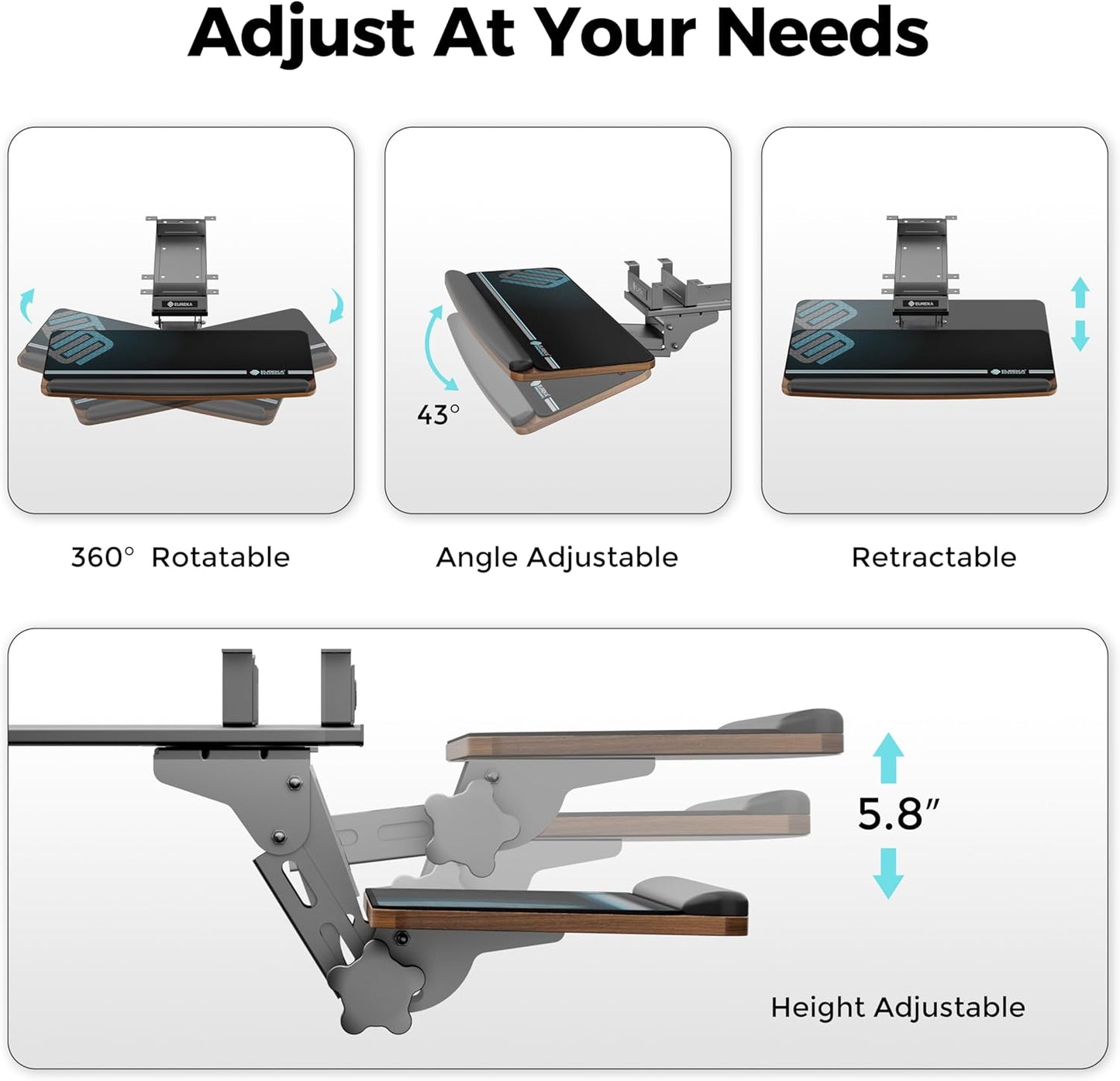 EUREKA ERGONOMIC Keyboard Tray Height Adjustable, Swivel Tilt Computer Keyboard Drawer Under Desk, 25x9.13'' Sliding Keyboard & Mouse Platform with Mouse Pad for Typing, Walnut