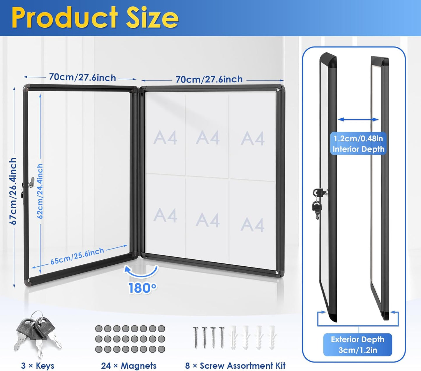 SWANCROWN Lockable Bulletin Boards Black Frame Enclosed Display Case,with Magnets,for School Message Notice 28x26inch(6XA4)