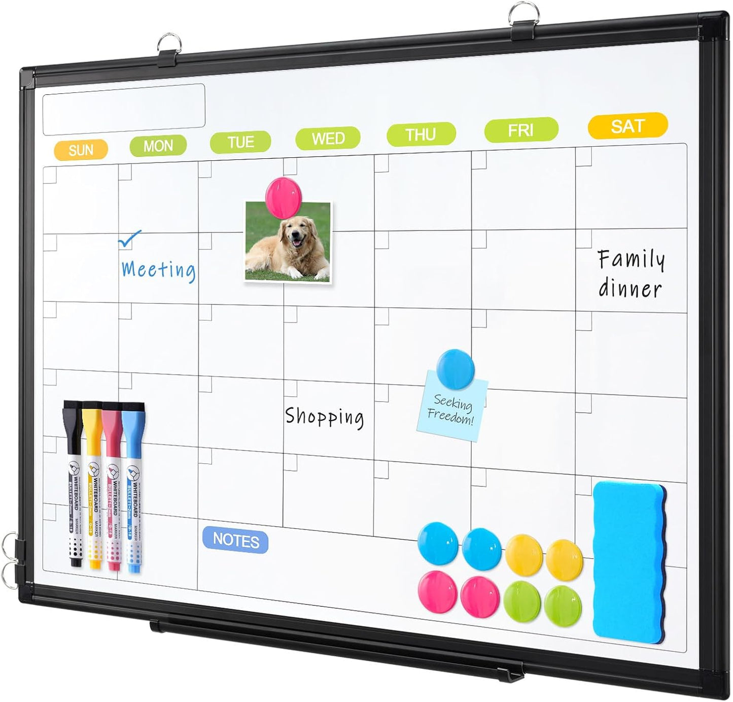 Dry Erase Calendar Whiteboard for Wall, WALGLASS 24" x 18" Magnetic White Board, Monthly Dry Erase Calendar with Black Aluminum Frame, Double-Sided Hanging Portable Board for Office, Home, School