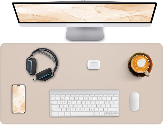 Desk Pad Mat 23.6"x13.7" - Waterproof Mouse Pad & Desk Protector, Non-Slip PU Leather for Gaming Keyboard/Mouse, Stitched Edge XL Office Desk Pad with Ergonomic Support(Beige)