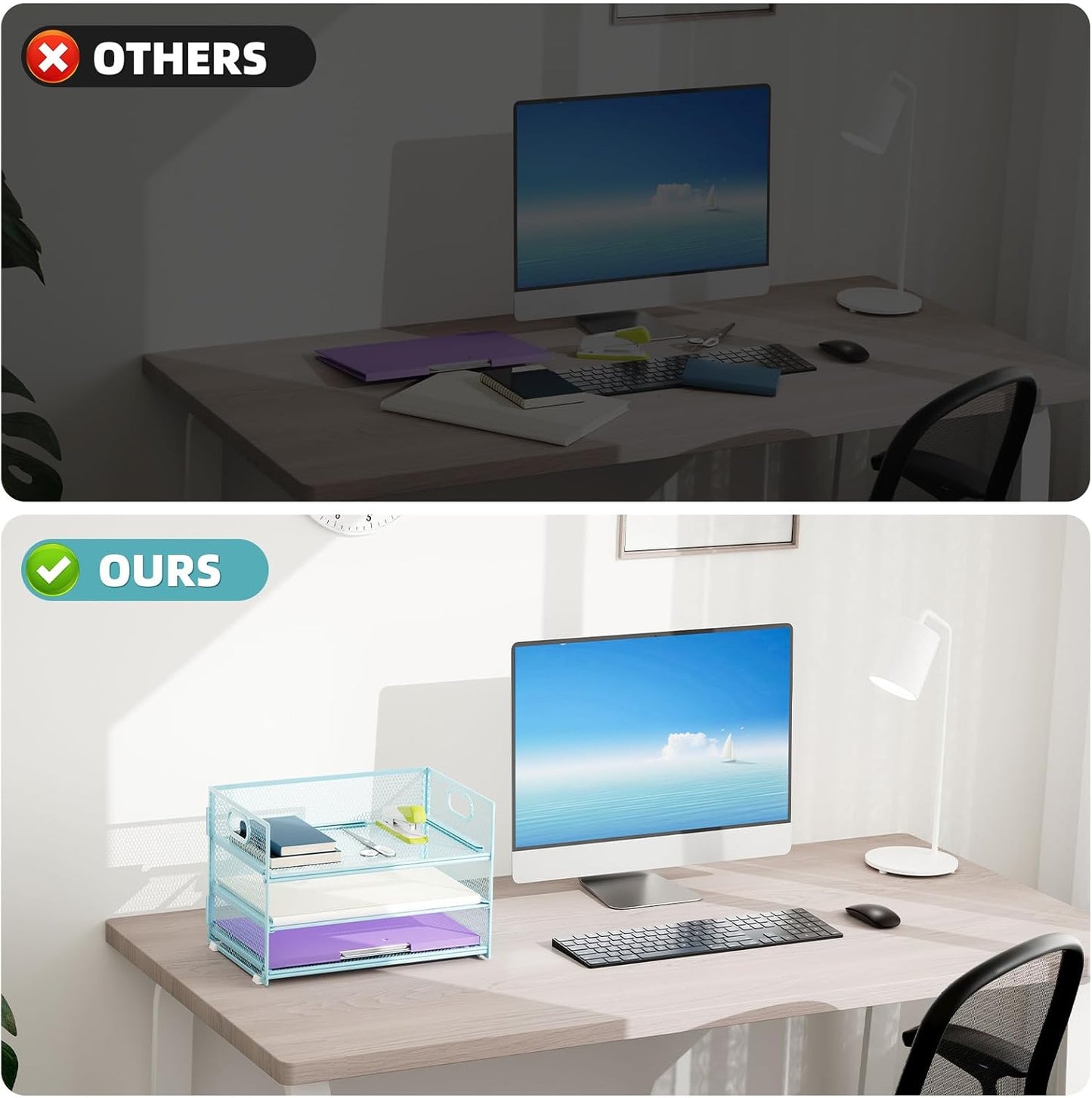 Marbrasse 3 Tier Paper Organizer Letter Tray, Mesh File Organizer with Handle, Paper Sorter Desk Organizer for Home Office Supplies(Blue)