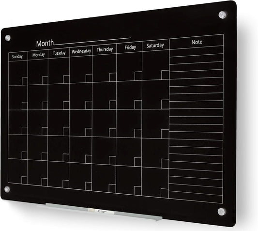 J&J worldwide Magnetic Whiteboard Calendar, 47 x 35 Black Glass Wall Calendar Dry Erase Board Monthly Planner for Home, School, Office, Frameless, with Markers, Marker Tray, Eraser, Magnets