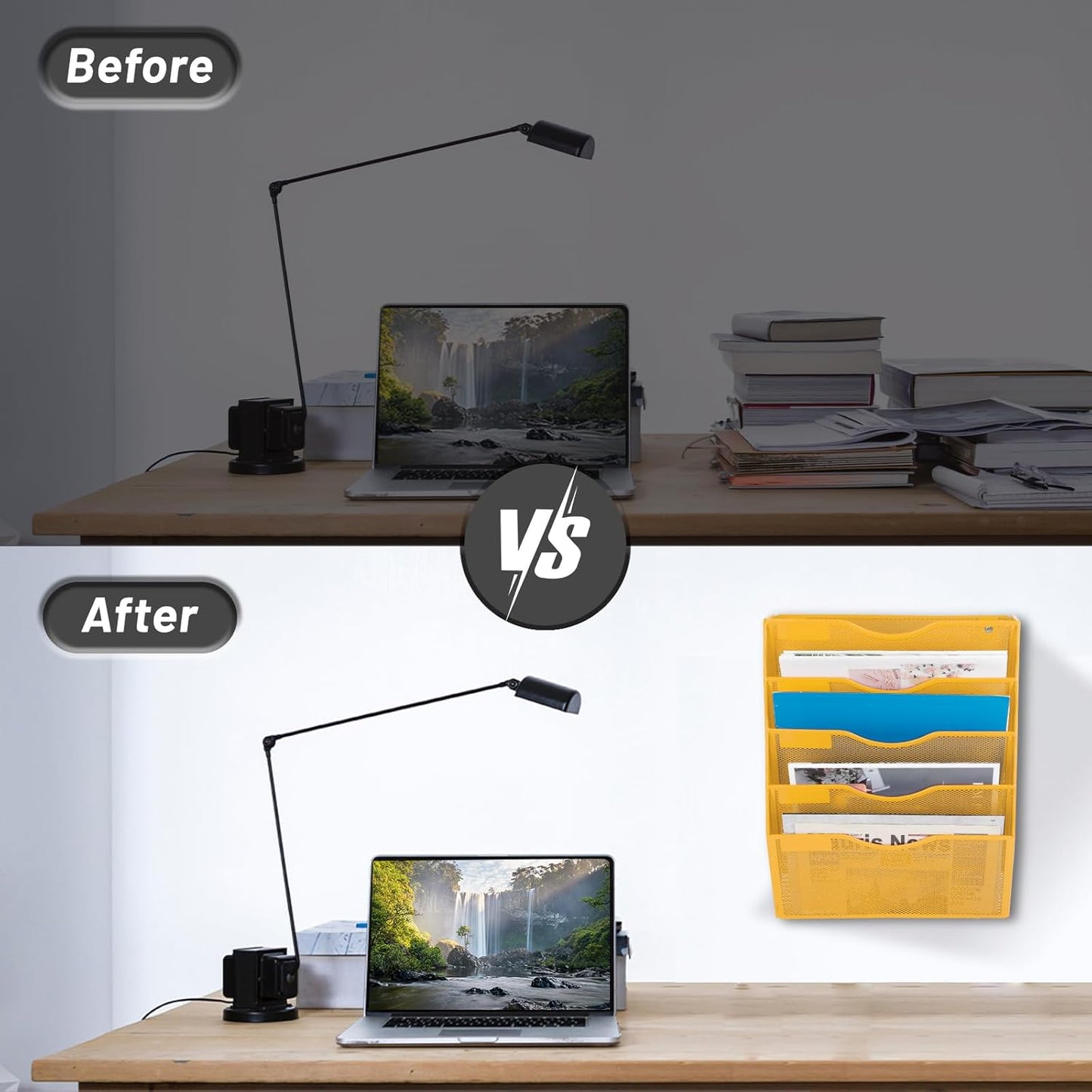 EASEPRES 5 Pocket Mesh Hanging Wall File Organizer, Wall Mounted Mail Paper Document Folder Holder, Clipboard Storage Organization Magazine Rack with Nametag Label for Office Home School, Yellow