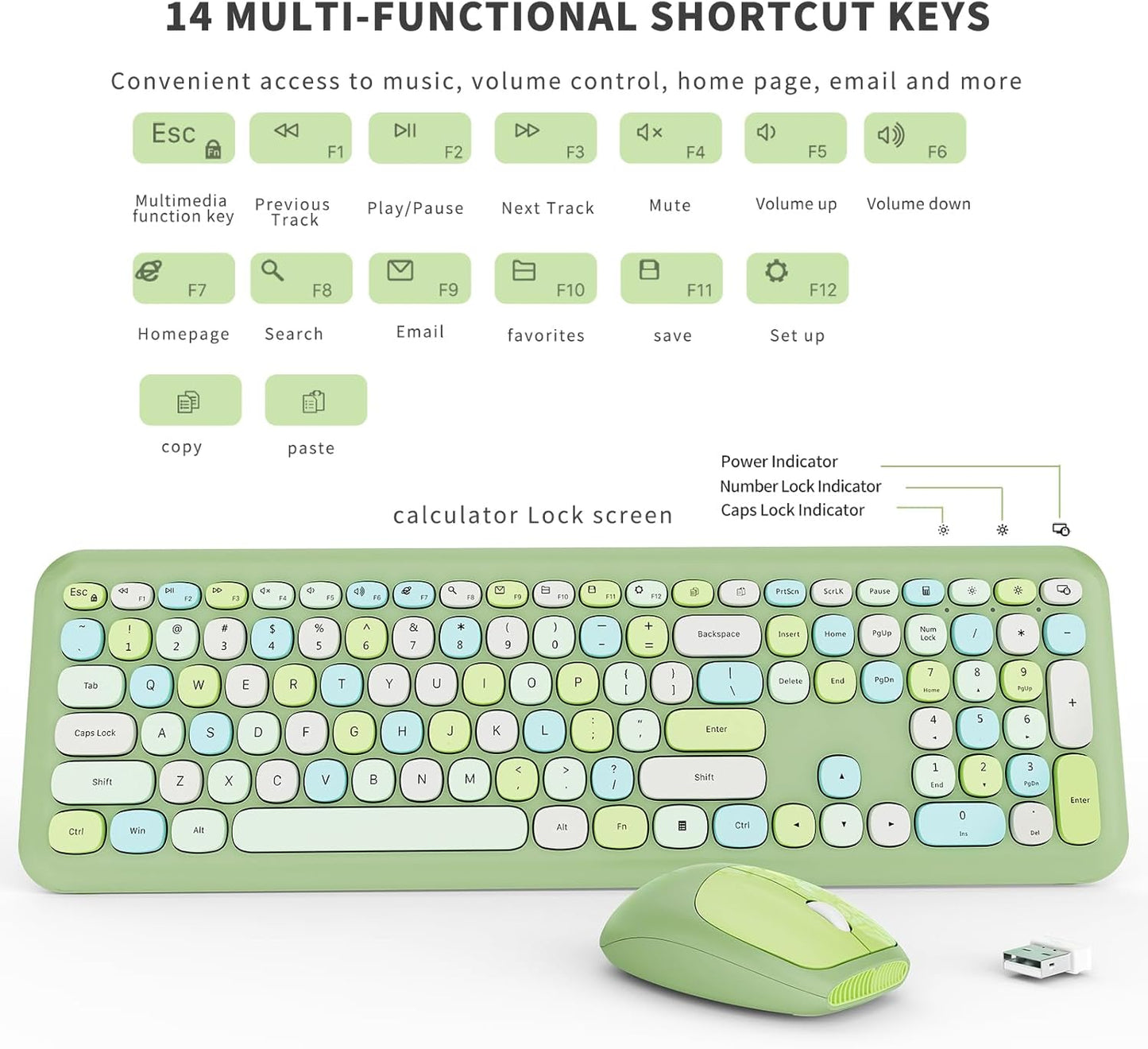 Wireless Keyboard and Mouse Combo, Colorful Ergonomic Full Size Retro Low-Noise Keyboard with Cute keycaps, Compatible with Windows, PC, Perfer for Home and Office Keyboards (Green)