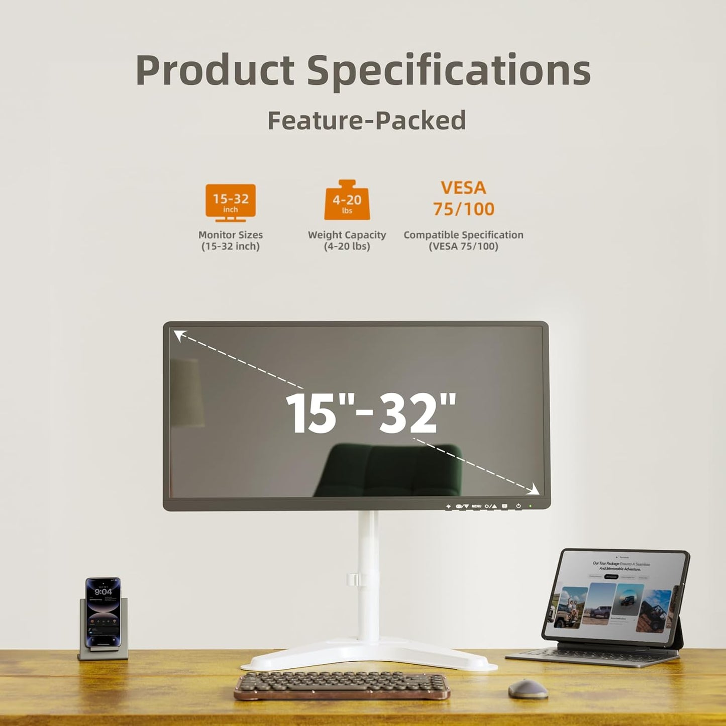 Claiks Monitor Mount, Ergonomic Adjustable Monitor Stand for Max 32 inch Screens, Adjustable Stand up to 20 lbs, VESA Mounting Holes 75&100mm, White