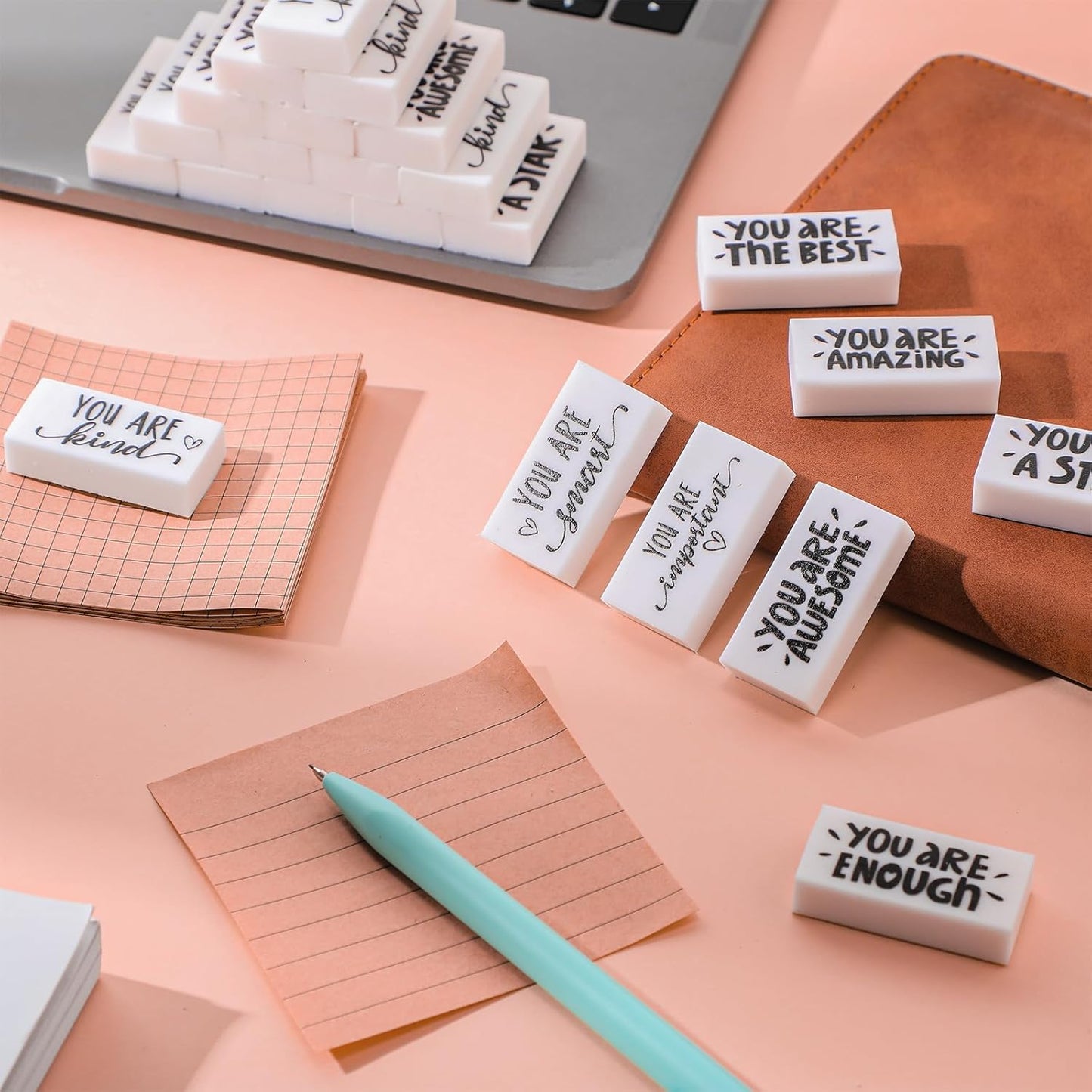 PerKoop 100 Pcs Back to School Inspirational Small Pencil Erasers Bulk for Kids, White Cute Fun Motivational Erasers Gifts for Teachers Students Classroom Reward First Day of School Supplies