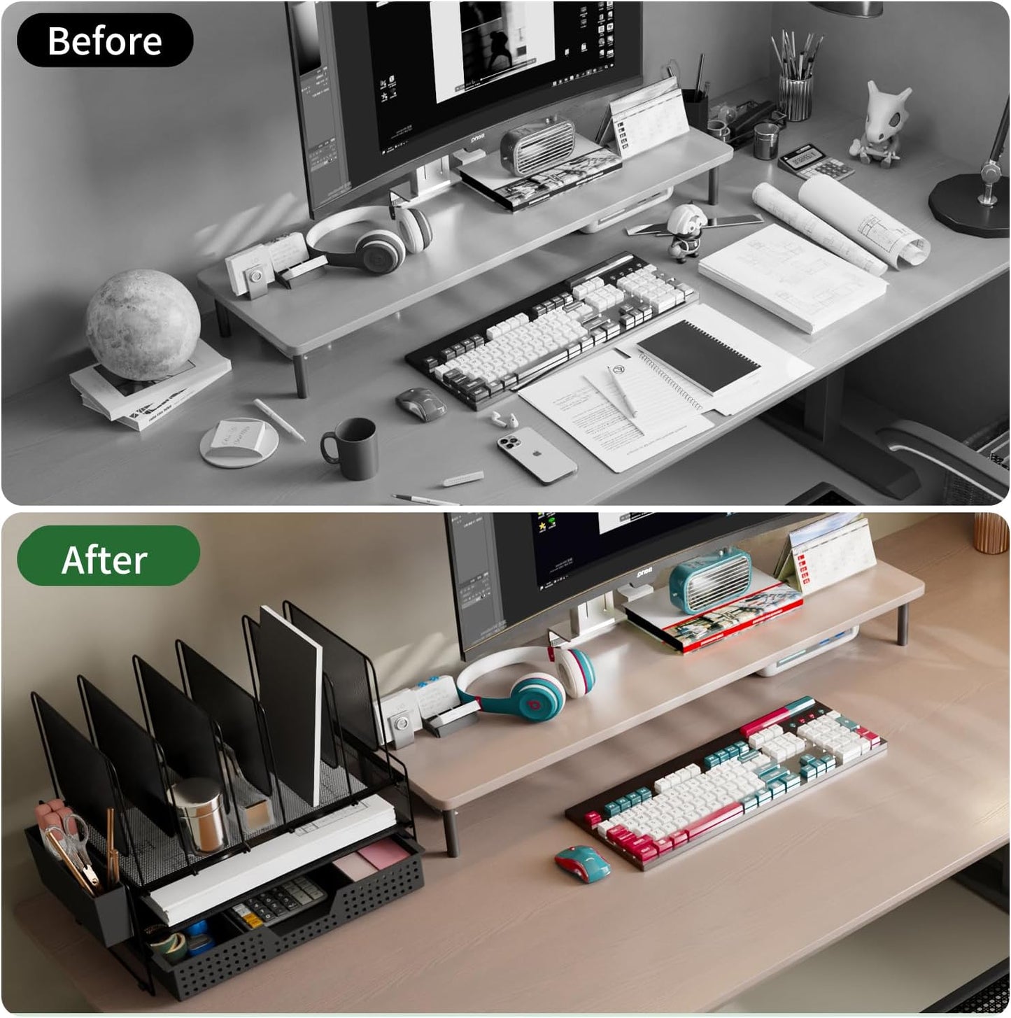 Desk Organizer, Office Organization with Vertical File Holder, File Organizer with Drawer and Pen Holder, Desk Accessories and Workspace Organizers for Home Office (Black)