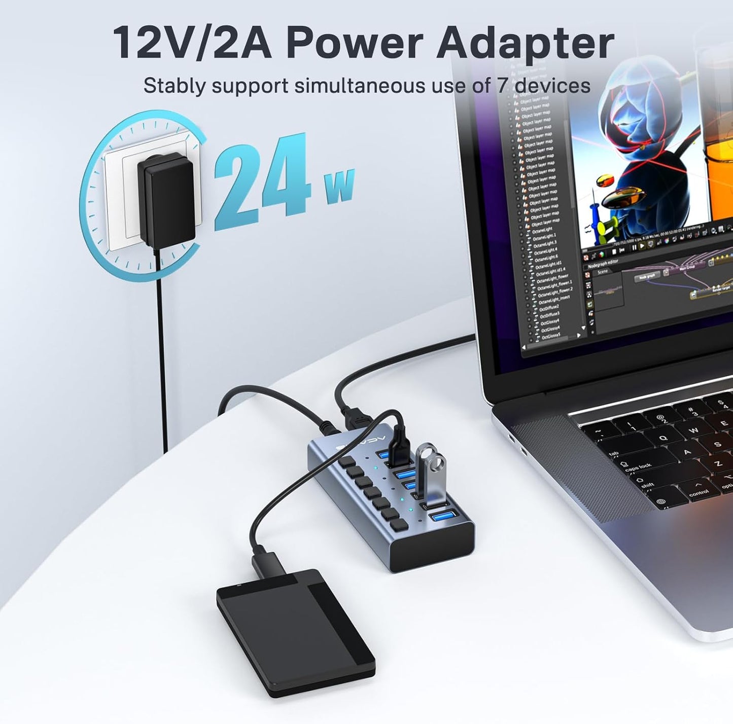 Powered USB 3.1 Hub, ACASIS 7 Ports USB 3.1 Hub with 10Gbps Data Speed，Aluminum Housing, USB Hub Powered with 24W Power Adapter, USB Hub for PC/Laptop, Computer, Flash Drive, Printer, Camera