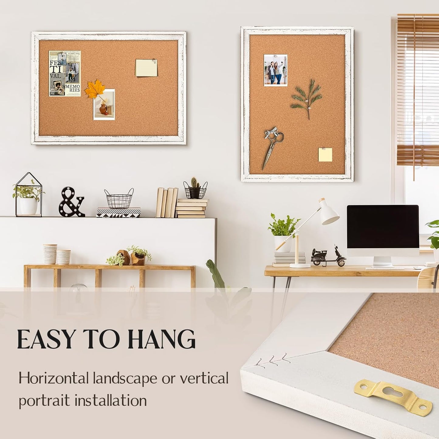 Bulletin Board, 36" x 24", Cork Board for Wall, Rustic White Wooden Frame, Hanging Pin Board for Home & Office Decor, 10 Push Pins