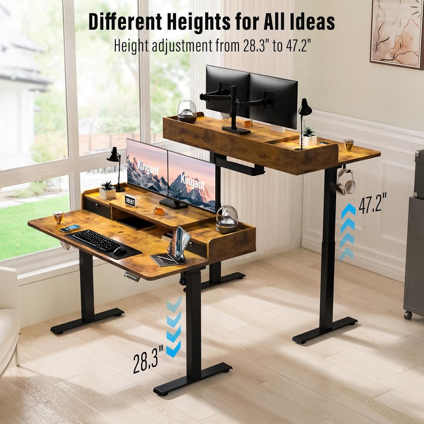 Standing Desk with Drawers,Thickened Table Legs Sit Stand Desk Electric for Home Office & Gaming,Ergonomic Stand Up Desk Cable Management Tray(Classic Black) (Rustic Brown, 48″ x 30″)