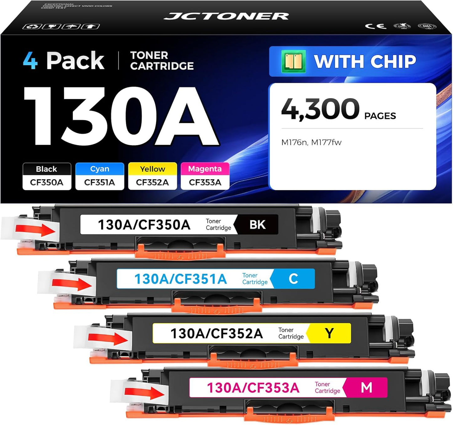 130A Toner Cartridge Set 4-Pack High Yield Replacement for HP 130A CF350A CF351A CF352A CF353A Compatible with HP Color Laserjet Pro MFP M176n M177fw Printer Ink M176 M177（Black Cyan Yellow Magenta）