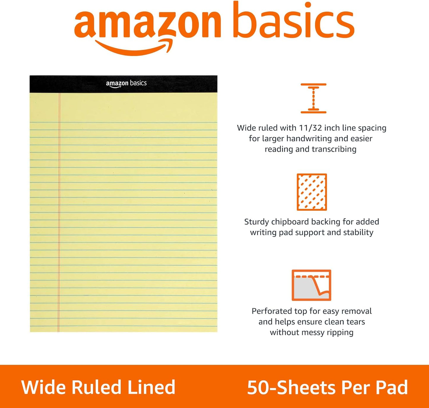 Amazon Basics 50 sheet Wide Ruled Lined Writing Note Pad, 8.5" x 11.75", 12-Pack, 600 Perforated Sheets, Canary