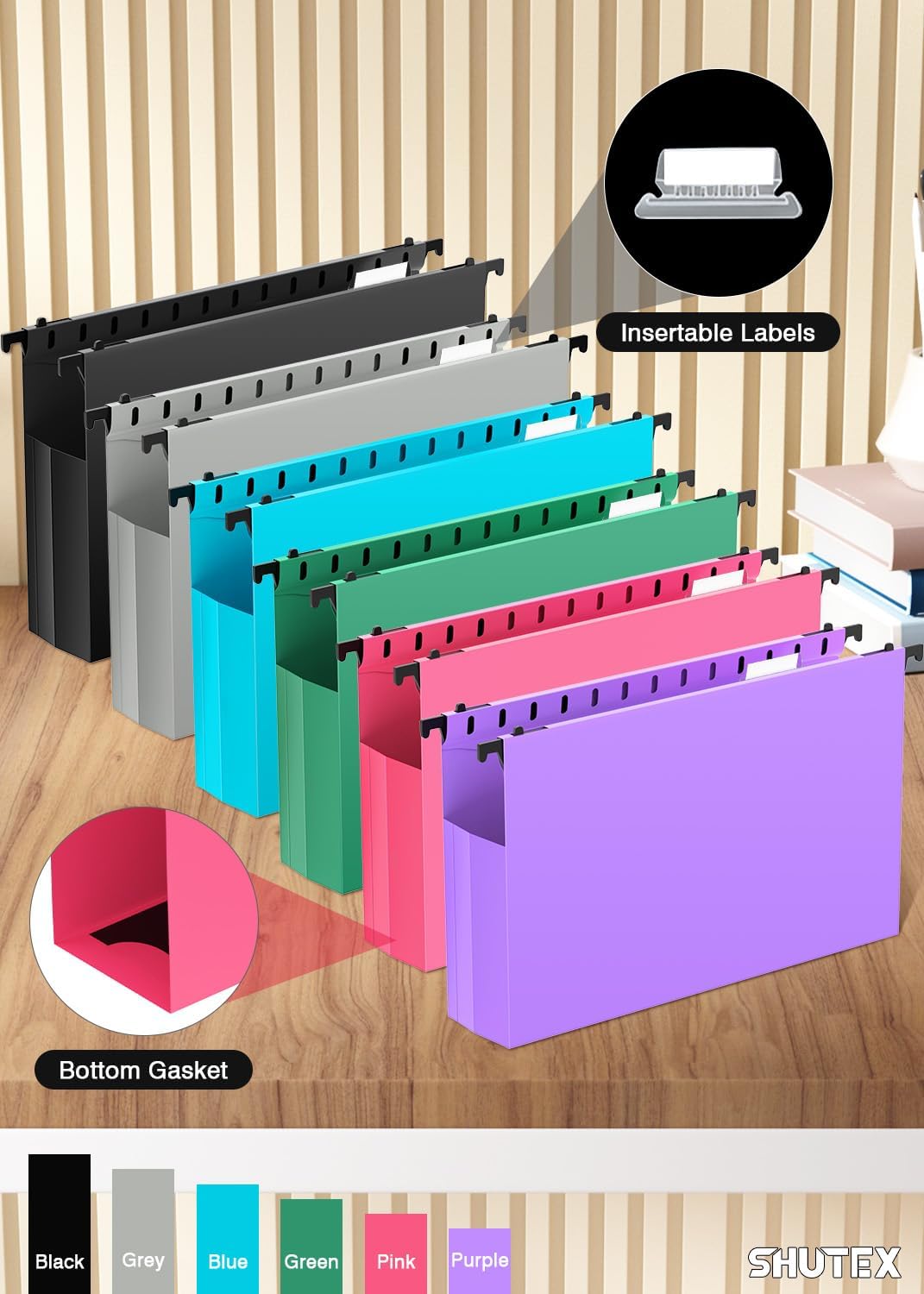 Extra Capacity Legal Size Hanging File Folders,12 Pack Reinforced Plastic Hanging Folder, Heavy Duty 2 Inch Expansion, Filing Cabinet Folders for Bulky Files, Medical Charts, Colorful