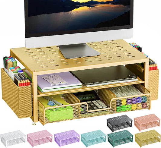 gianotter Desk Organizers and Accessories, Monitor Stand with Drawer and 2 Pen Holder, Desktop Organizer Suitable for Offices and Dormitories (Gold)