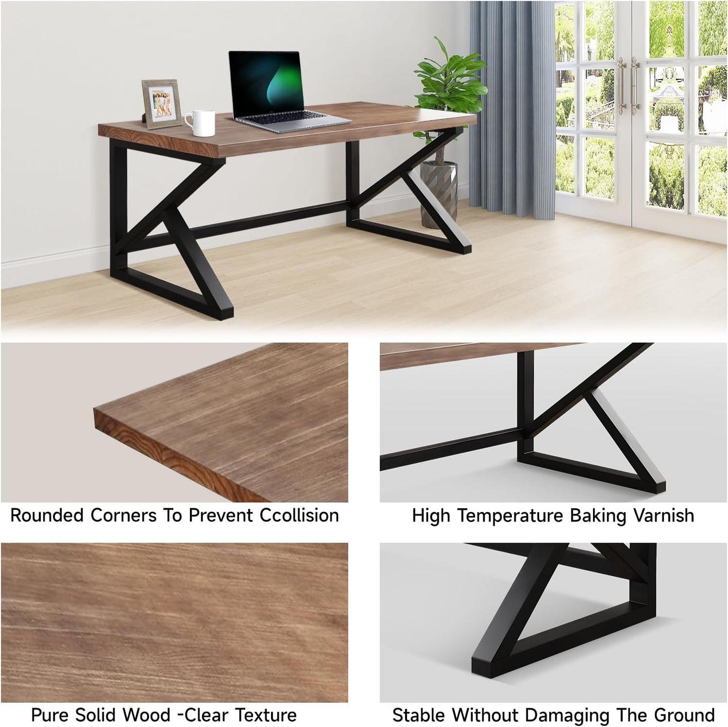 Solid Wood Computer Desk,Rustic Style 55-inch Large Office Desk- Modern Gaming Working for Home Office, Modern Simple Design, Ideal for Study, Writing, Dining
