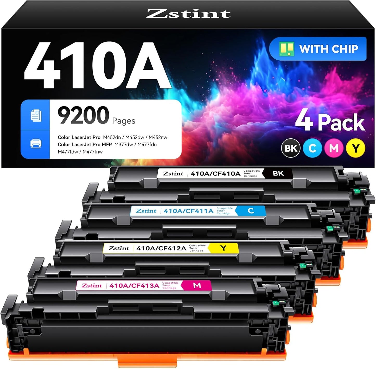 410A Toner Cartridge set 4-Pack Replacement for HP 410A 410X CF410A CF411A CF412A CF413A Compatible with HP Color LaserJet Pro MFP M377dw M477fdn M477fdw M477fnw M452dn M452dw M452nw Printer Ink Black