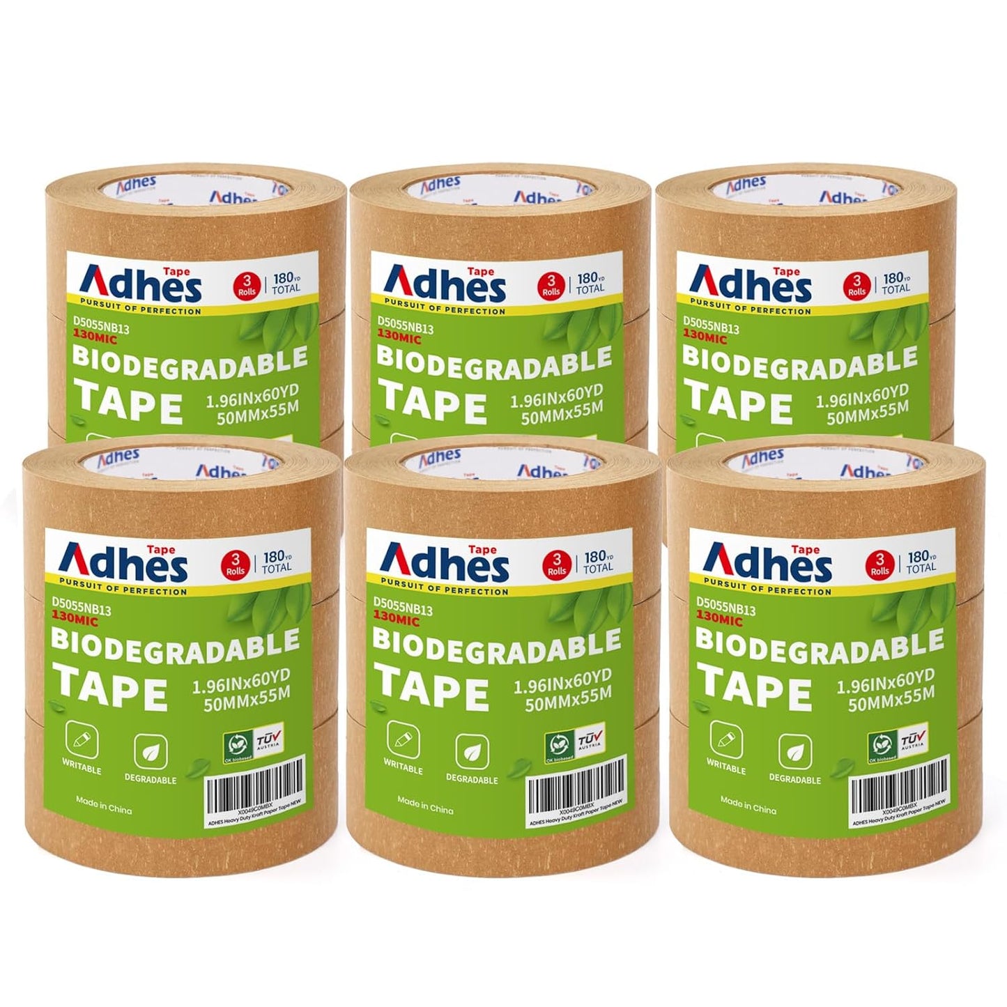 ADHES Kraft Paper Tape, 2 Inch x 60 Yards x 18 Rolls, Biodegradable Paper Packing Tape Writable & Uncoated Brown Shipping Tape for Shipping, Moving, Sealing