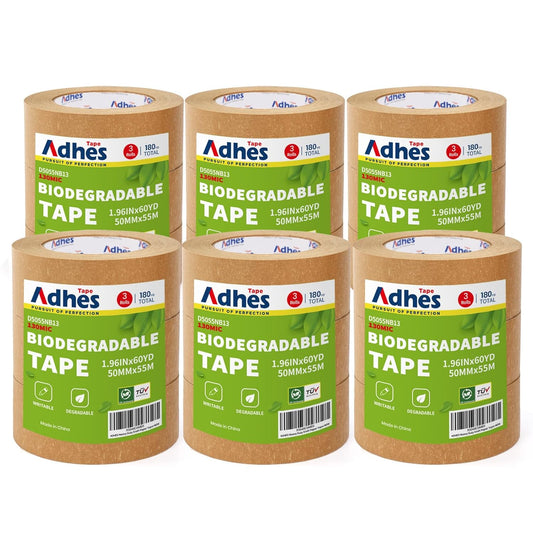 ADHES Kraft Paper Tape, 2 Inch x 60 Yards x 18 Rolls, Biodegradable Paper Packing Tape Writable & Uncoated Brown Shipping Tape for Shipping, Moving, Sealing