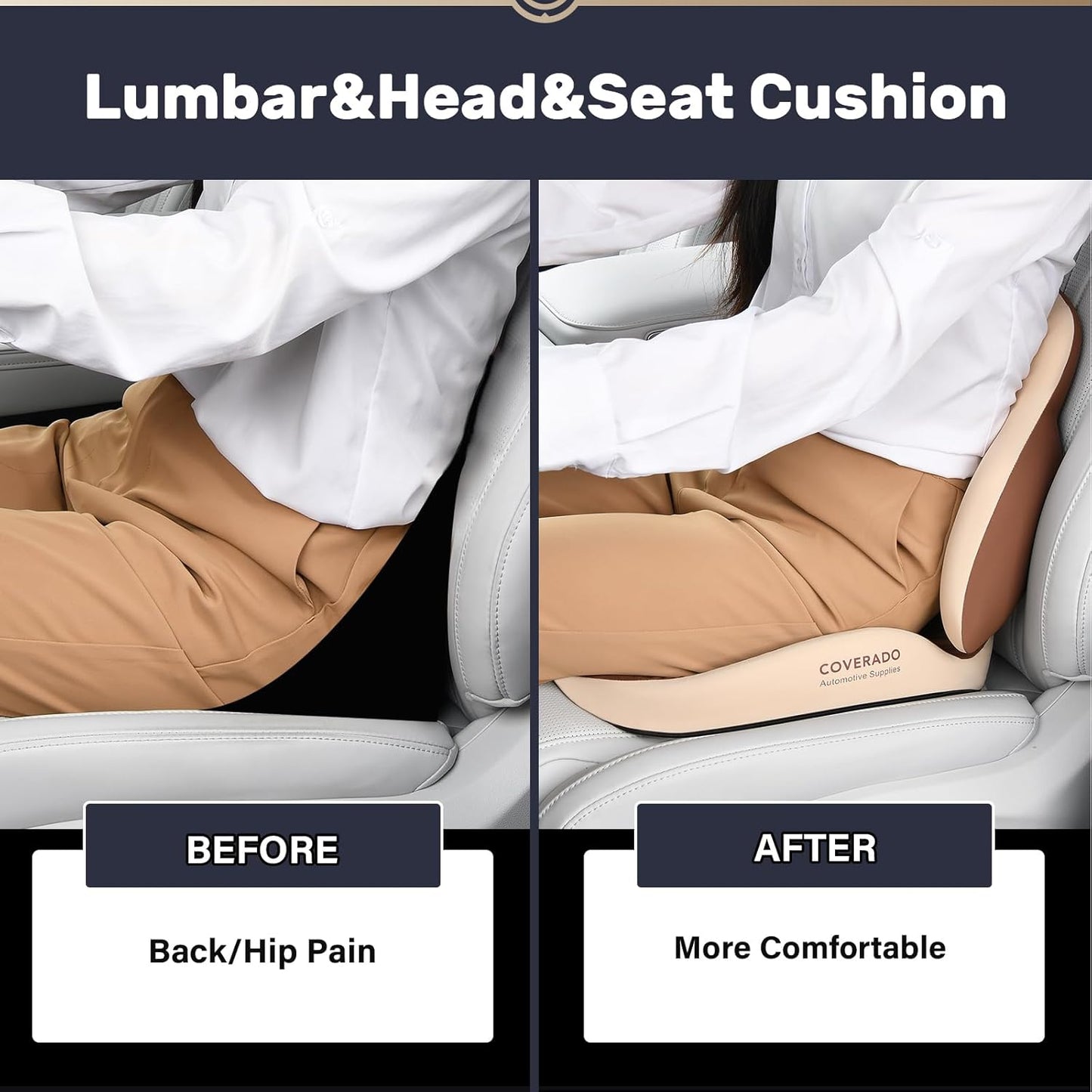 Coverado Seat Cushion and Lumbar Support Headrest Pillow for Car Office Chair, Ergonomic Memory Foam Chair Cushion Back Neck Support Pillow, Sciatica & Back & Tailbone Pain Relief Cushion-Beige