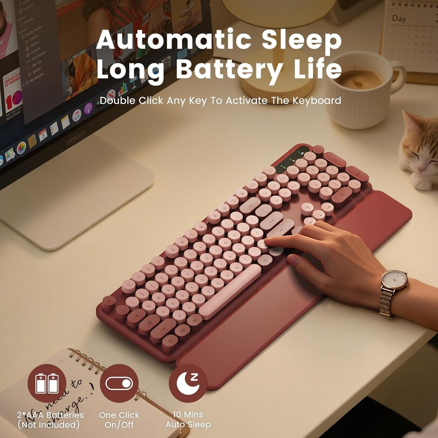 SABLUTE Wireless Keyboard, Round Keycaps, Retro Typewriter Keyboard with Detachable Wrist Rest, Sleep Mode, Foldable Legs, 2.4GHz Full-Size Cordless Computer Keyboard for Windows/PC/Laptop (Wine Red)