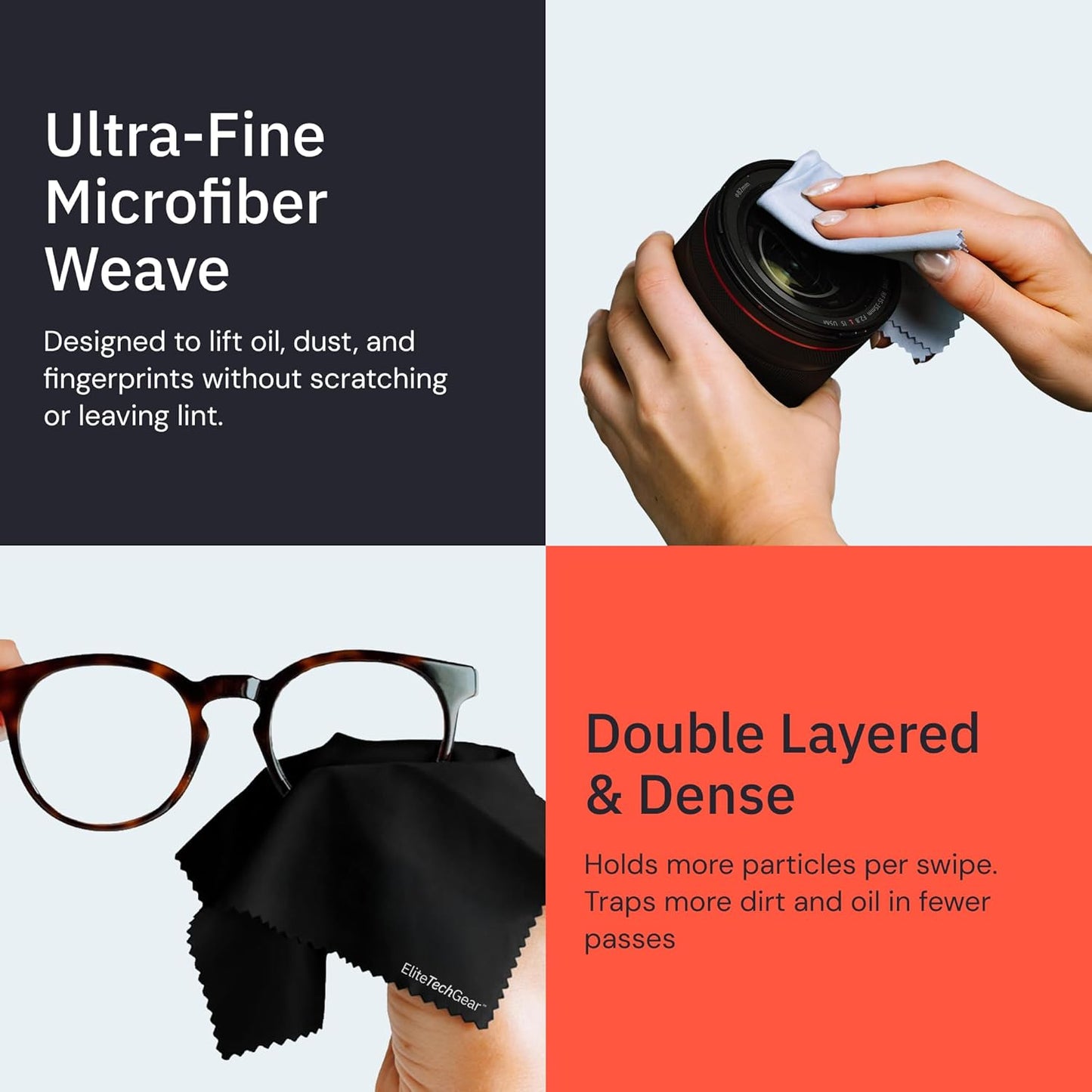 Elite Tech Gear Microfiber Cleaning Cloth for Glasses- 4-Pack, 12" x 12"- Durable Oversized Glasses Cleaning Cloth- Eyeglass Cleaning Wipes for Lenses, Electronics- High Tech Quality Material (Black)